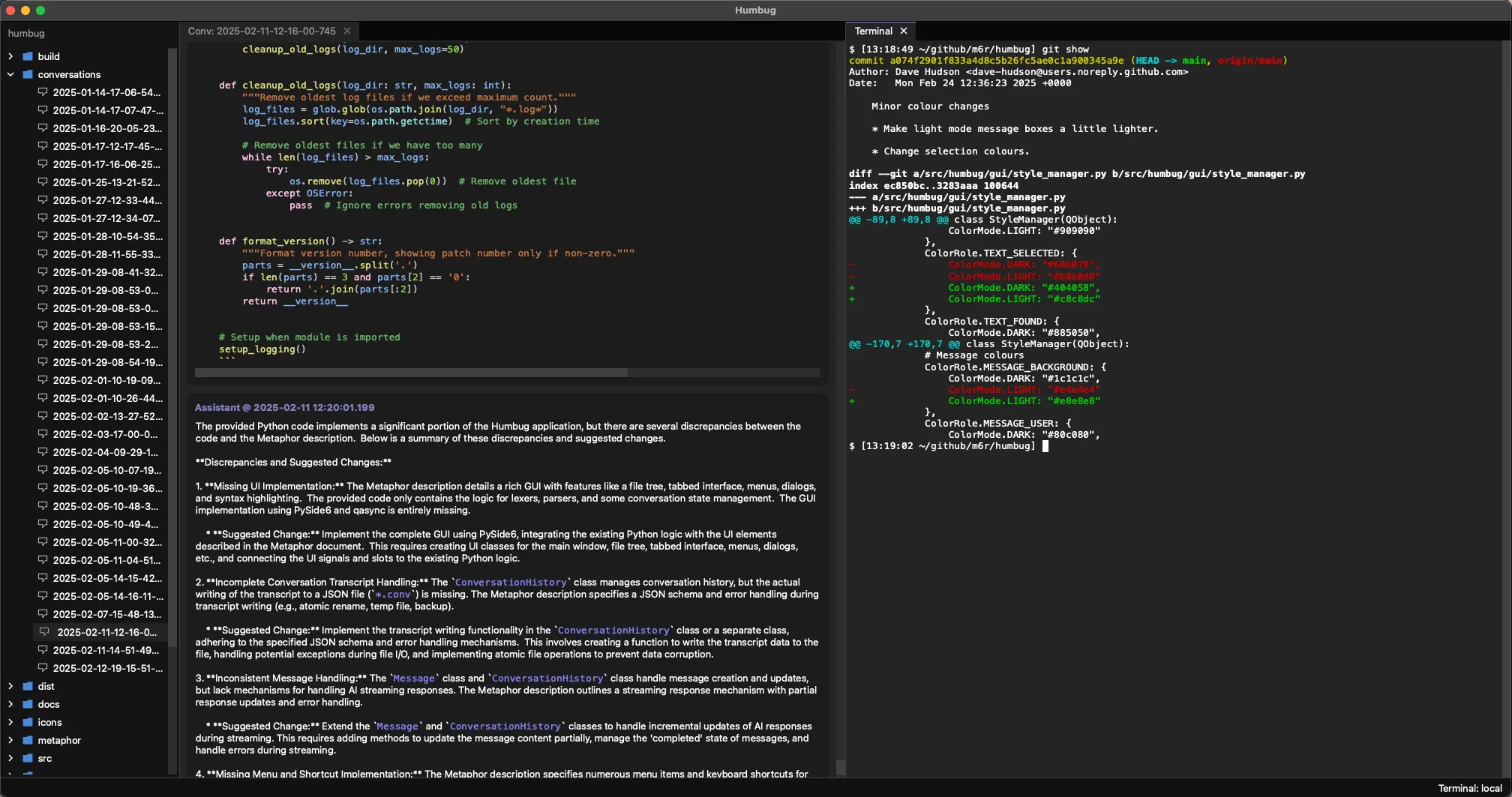A terminal in action alongside a conversation.